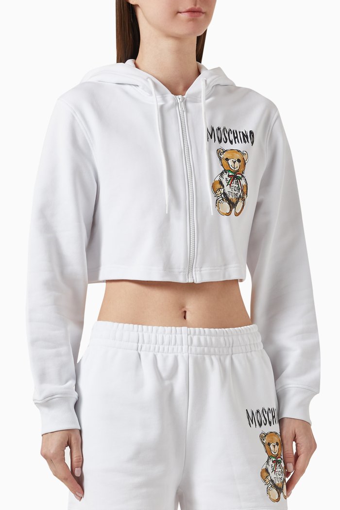 

Drawn Teddy Bear Cropped Hoodie in Cotton, White