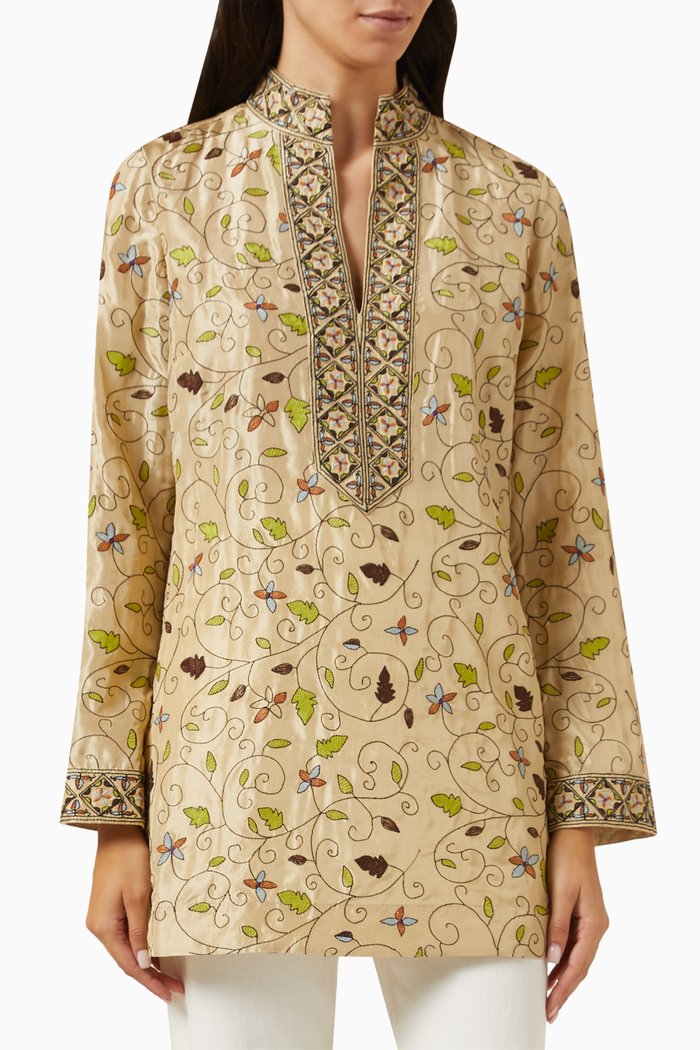 Tory Floral-embroidered Tunic in Silk, Green