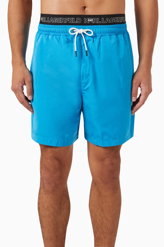 

Ikonik Karl Double Waistband Swim Shorts in Nylon, Blue