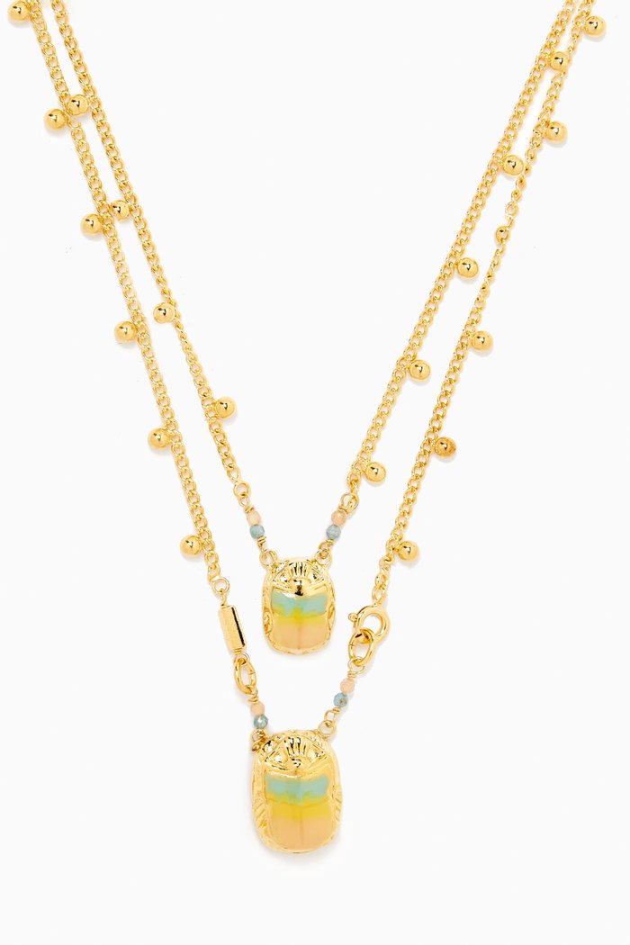 

Scarab Double Pendant Necklace in 24kt Gold-plated Metal, Multicolour