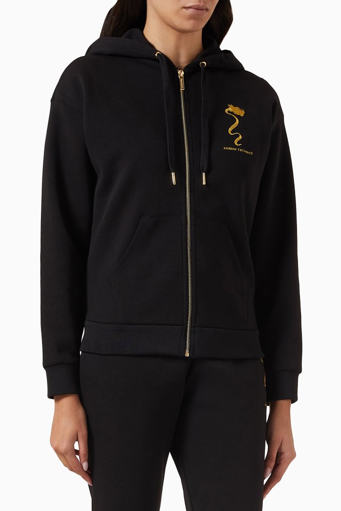 

Logo Zipped Hoodie in Cotton-blend, Black