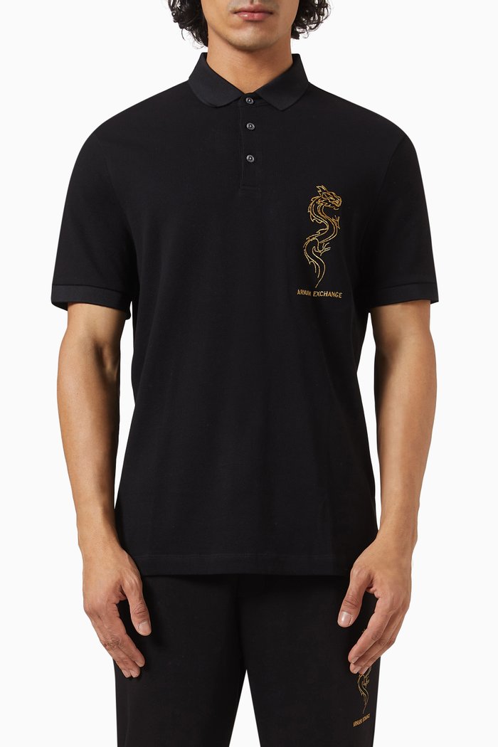 Dragon Embroidery Polo Shirt in Cotton Piqué, Black