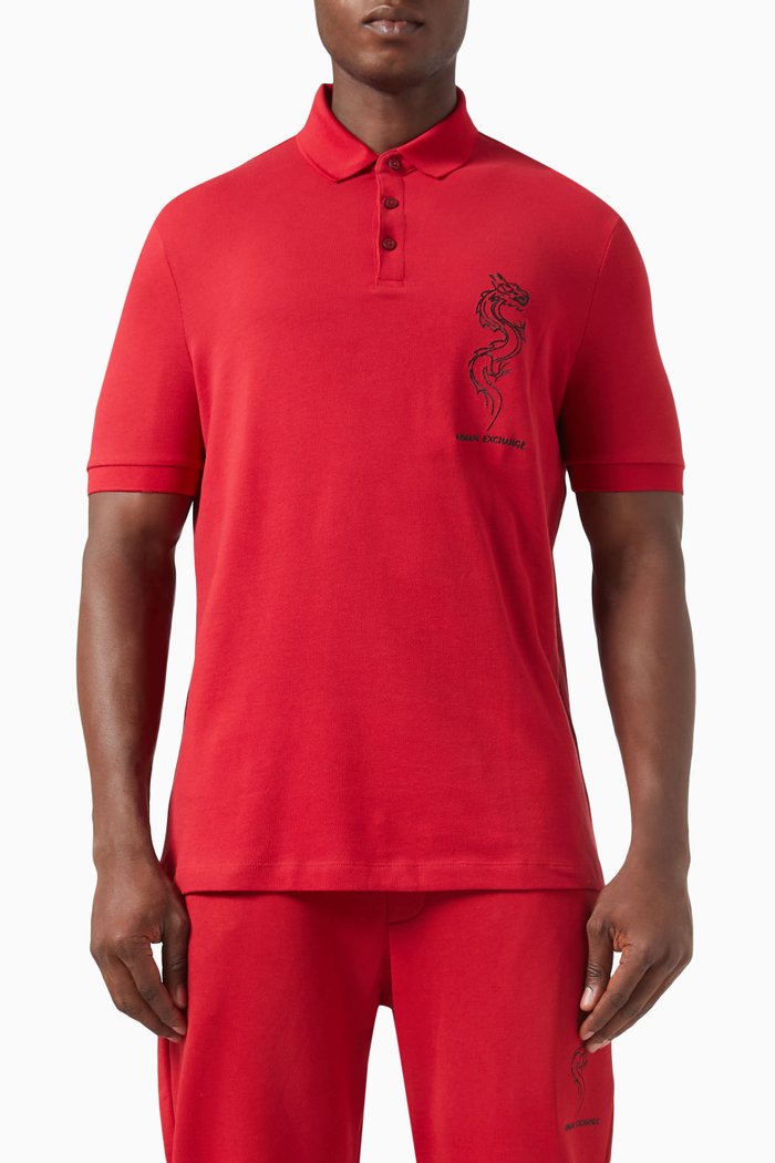 Dragon Embroidery Polo Shirt in Cotton Piqué, Red