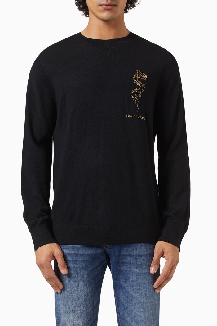 

Dragon Embroidery Pullover in Cotton, Black
