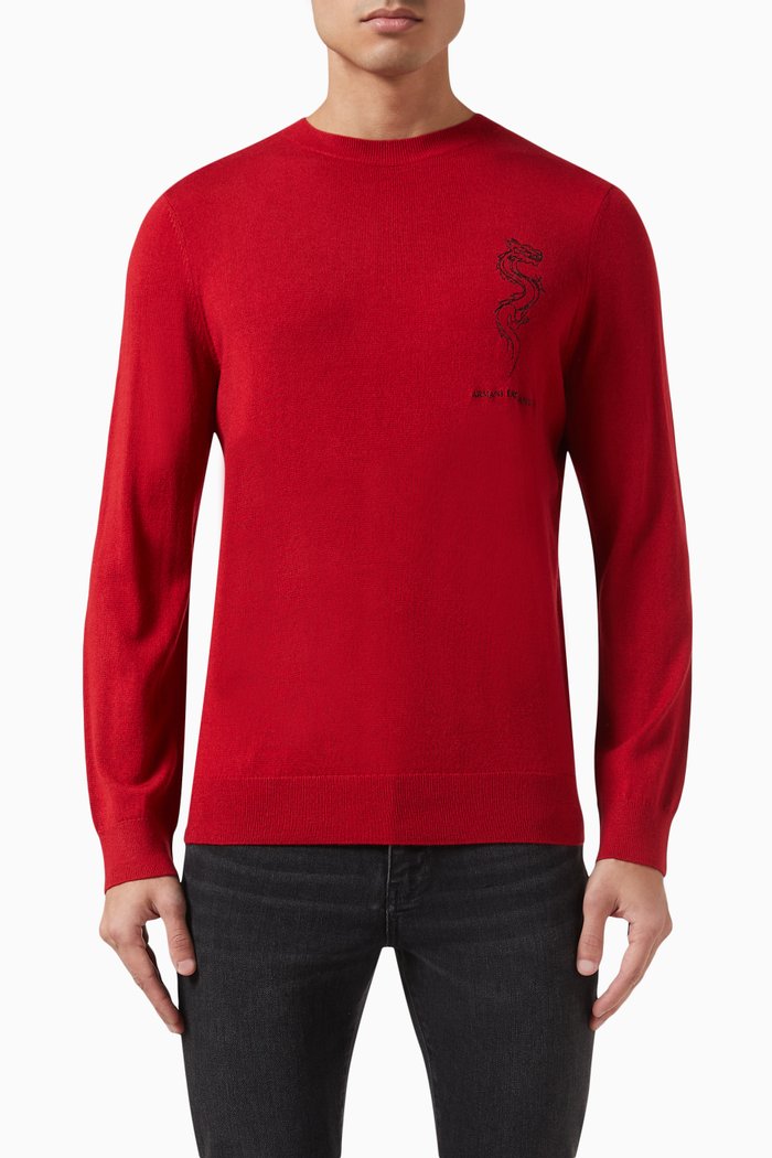 

Dragon Embroidery Pullover in Cotton, Red
