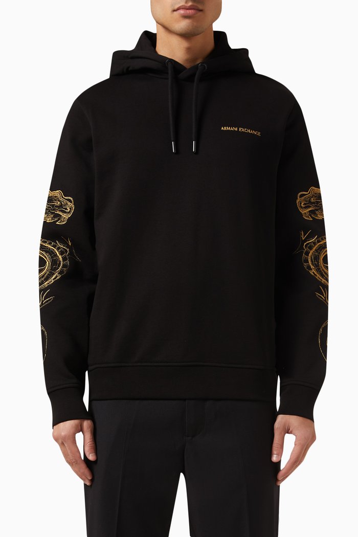 

Dragon Embroidery Hoodie in Cotton Fleece, Black