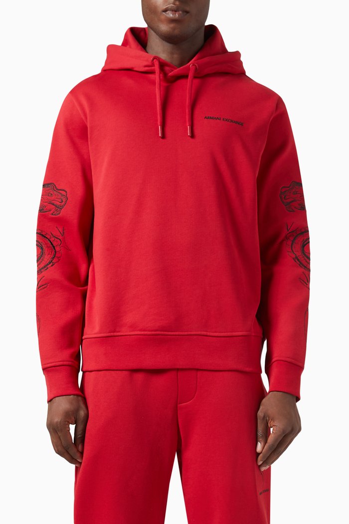 

Dragon Embroidery Hoodie in Cotton Fleece, Red