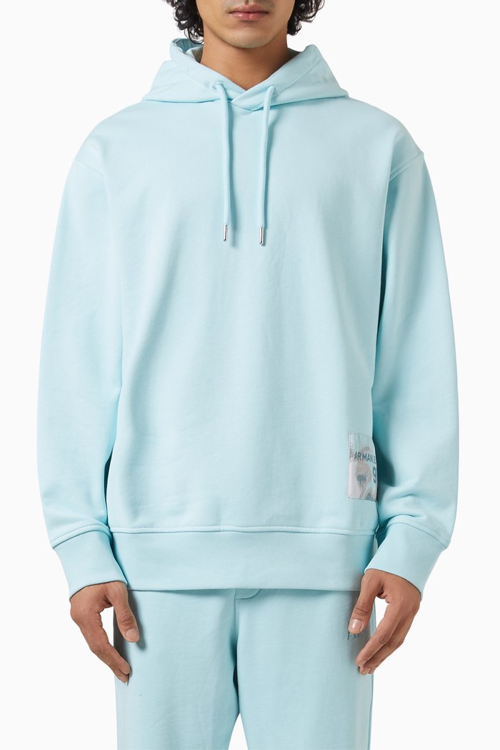 

Logo Patch Sweatshirt Hoodie in Cotton Jersey, Blue