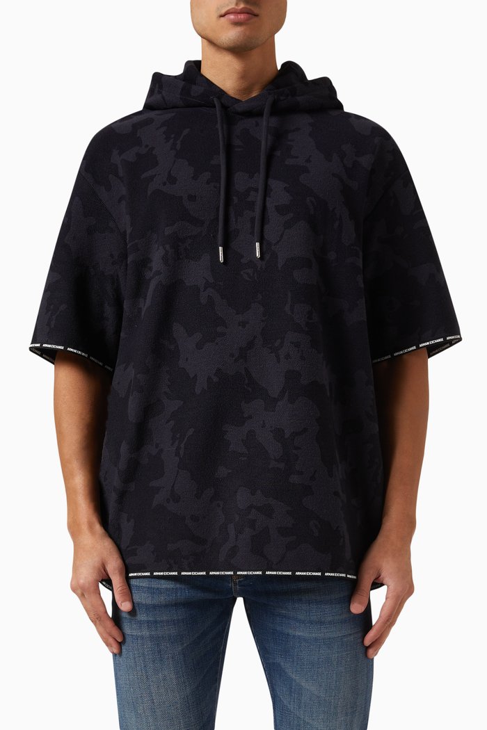 

Camouflage Short-sleeve Hoodie in Cotton Fleece, Blue