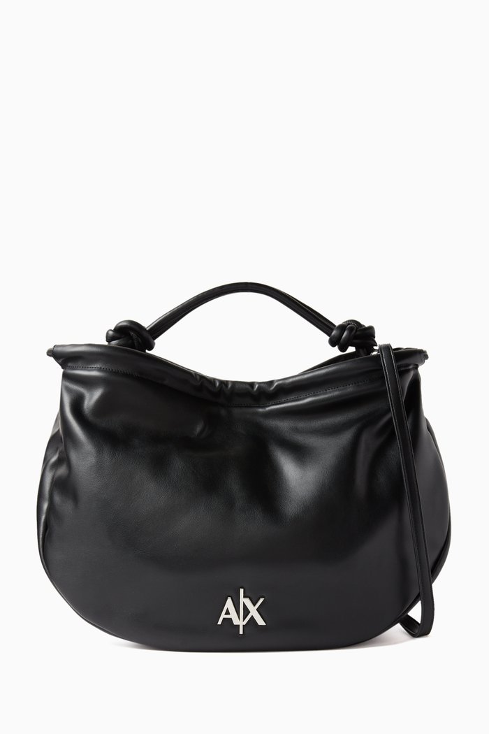 

Metal AX Logo Hobo Bag in Faux Leather, Black