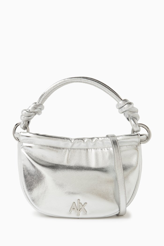

Metal Logo Hobo Bag in Faux Leather, Silver