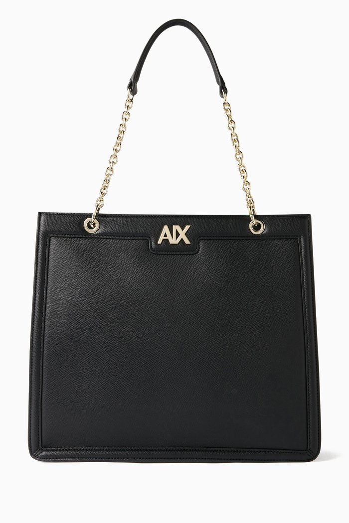 

Madison Metal Logo Tote Bag in Faux Leather, Black