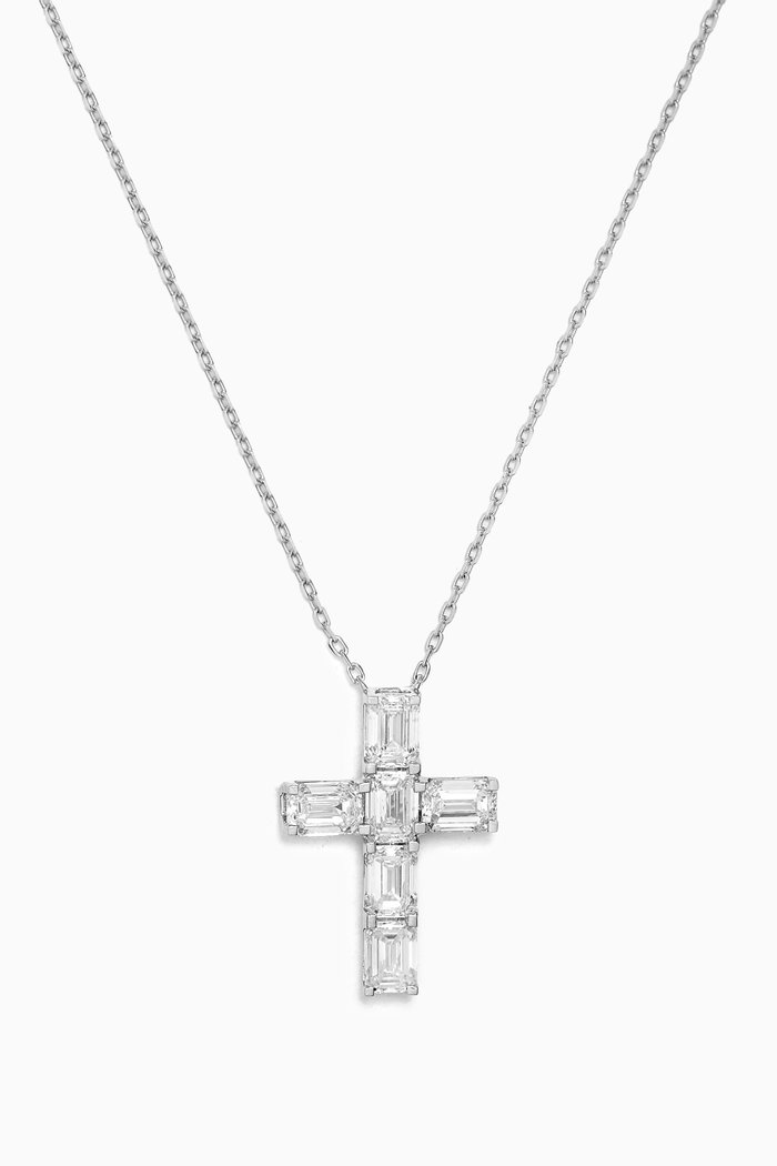 Cross Pendant Emerald-cut Diamond Necklace in 18kt White Gold