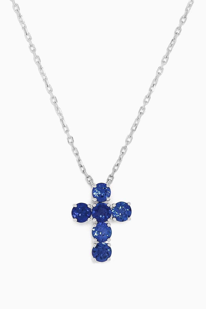 Cross Pendant Ceylon Sapphire Necklace in 18kt White Gold, Blue