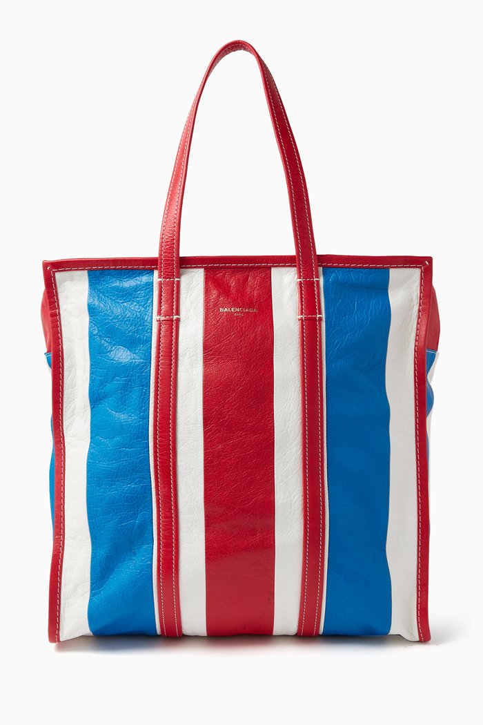 

Striped Bazar Shopper Tote Bag in Leather, Multicolour