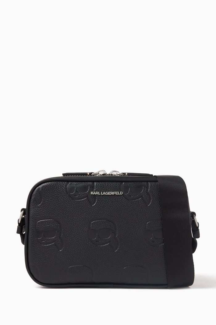 

K/ Ikonik Logo Camera Crossbody Bag in Leather, Black