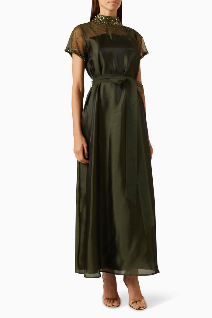 

Bead-embellished Maxi Dress in Organza & Tulle, Green