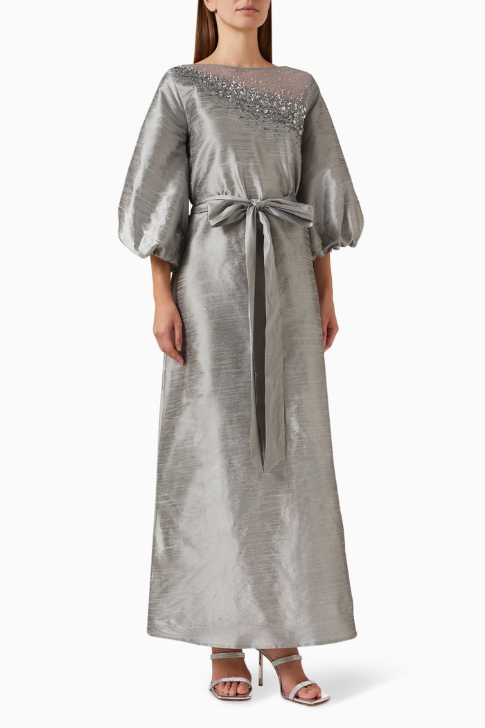 Bead-embellished Maxi Dress in Organza & Tulle, Grey