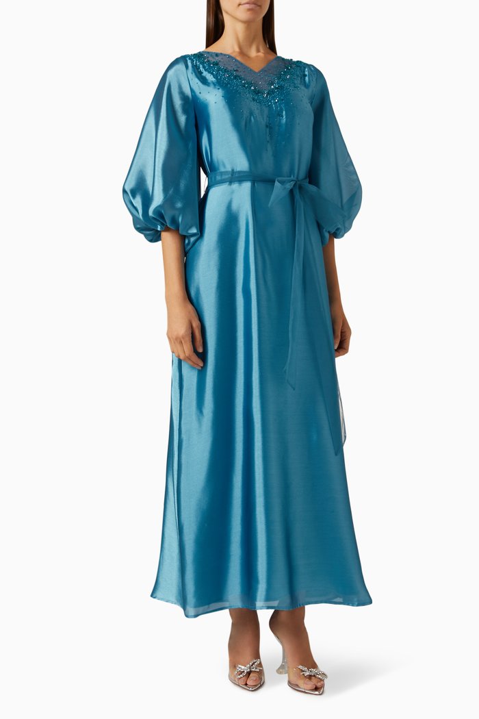 Bead-embellished Maxi Dress in Organza & Tulle, Blue
