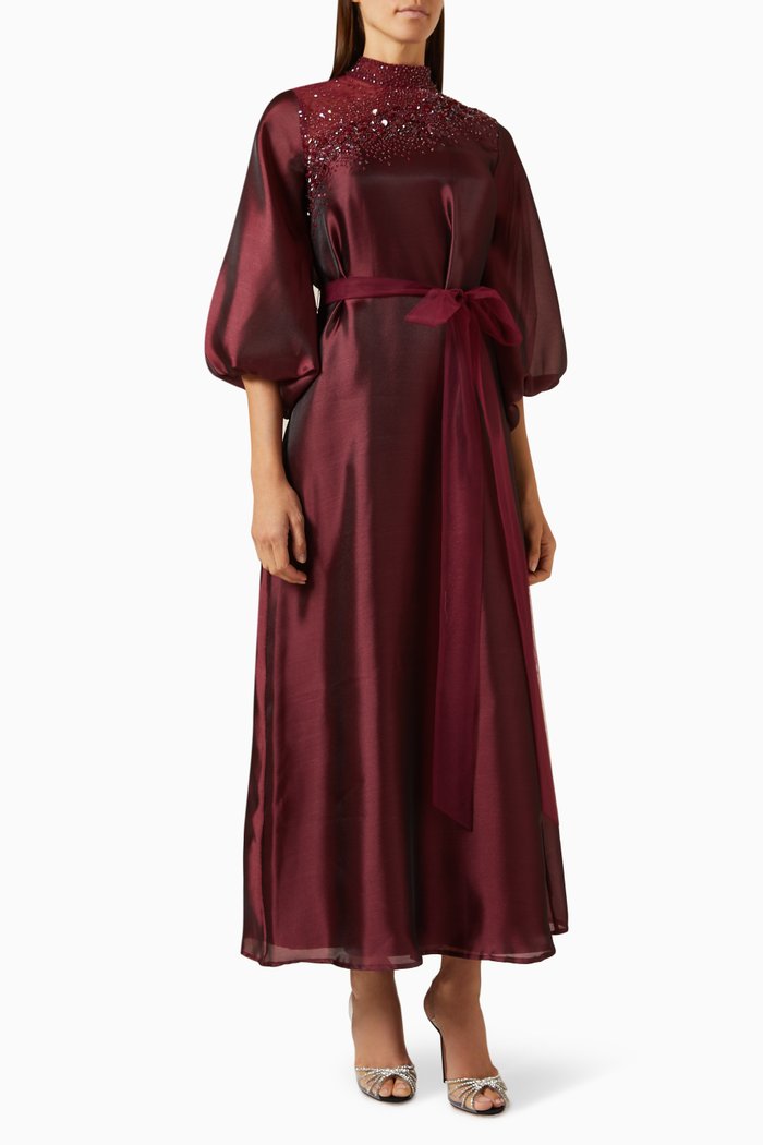 Bead-embellished Maxi Dress in Organza & Tulle, Red
