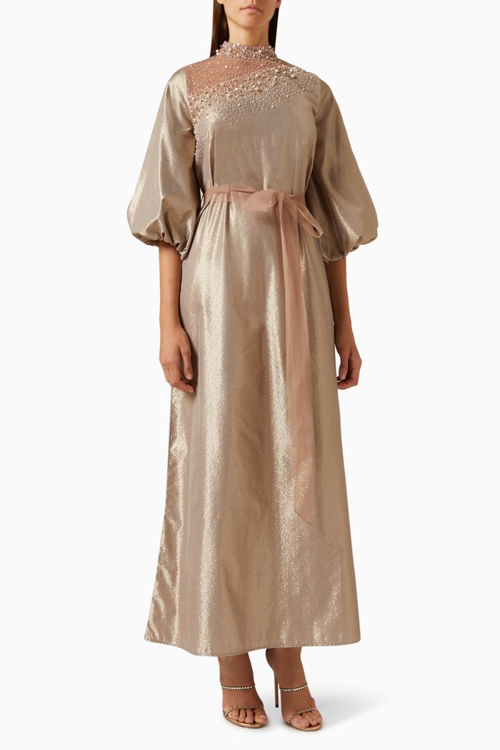 

Bead-embellished Maxi Dress in Organza & Tulle, Gold