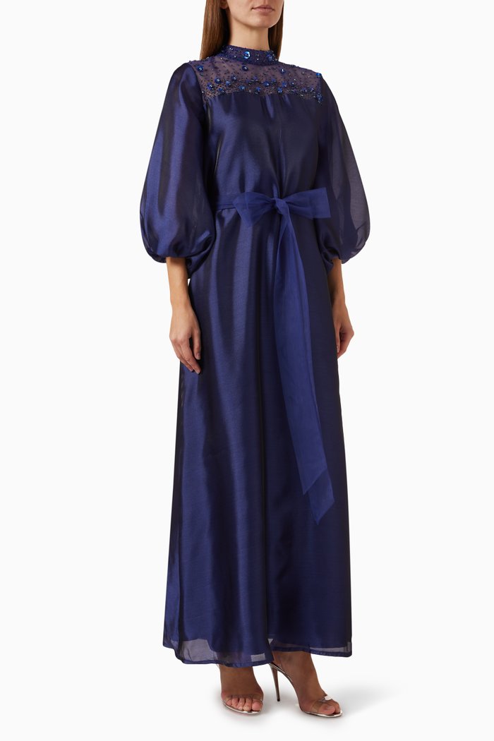 Bead-embellished Maxi Dress in Organza & Tulle, Blue