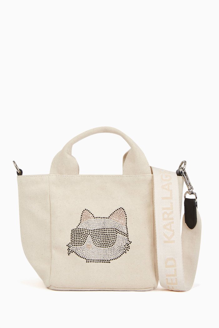 

K/Ikonik Rhinestone Choupette Tote Bag in Canvas, Neutral