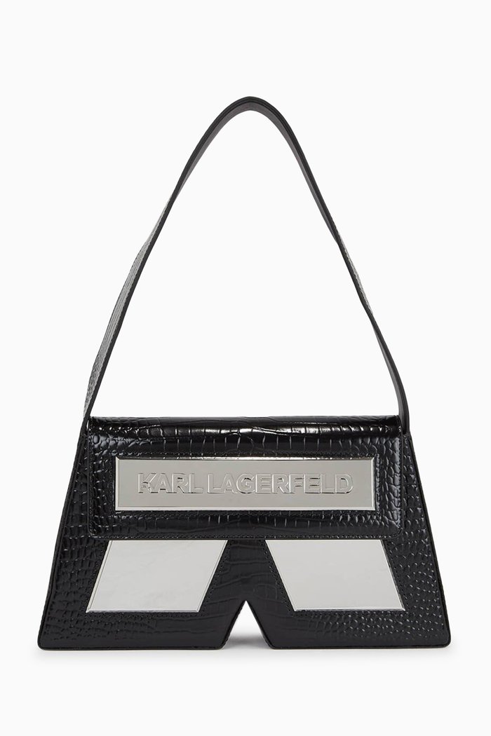 Medium Ikon K Shoulder Bag in Croc-embossed Leather, Black