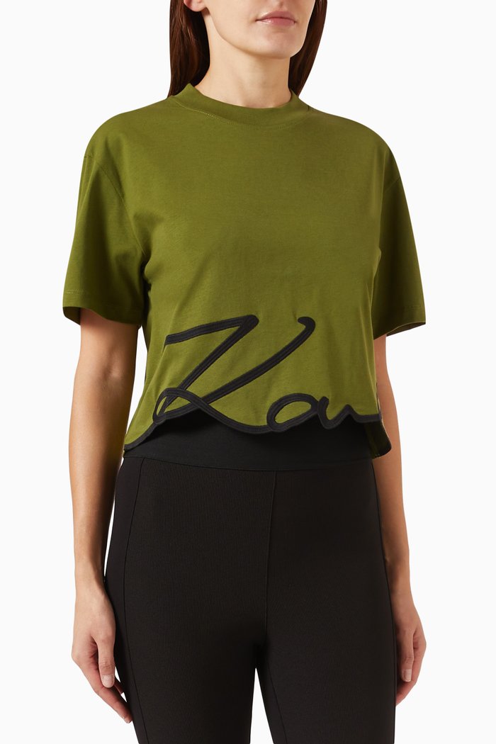 

Karl Signature Hem Crop T-shirt in Cotton-jersey, Green