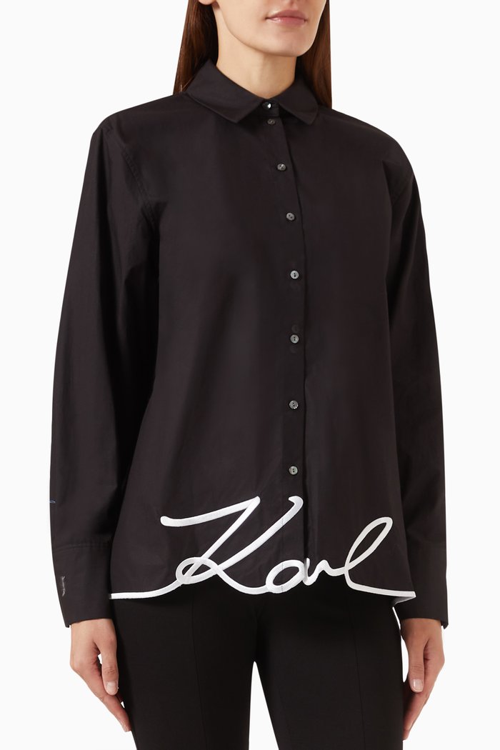 

Karl Signature Hem Shirt in Woven Cotton, Black