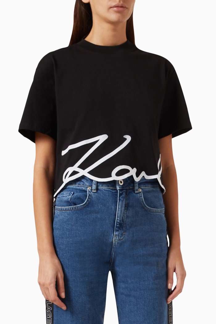 

Karl Signature Hem Crop T-shirt in Cotton-jersey, Black