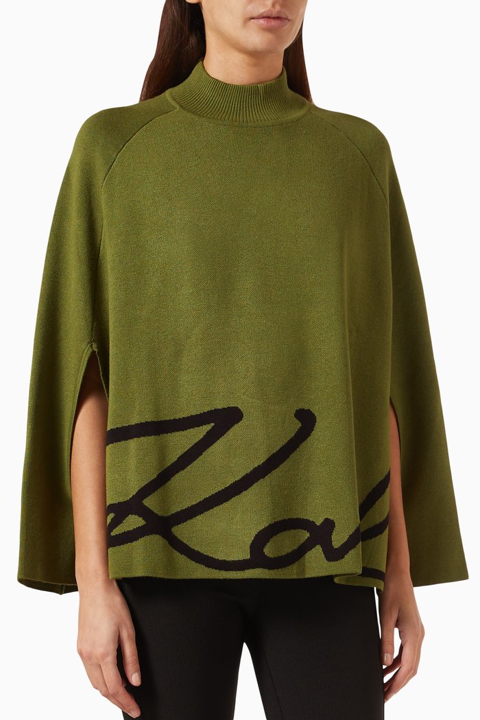 

Karl Signature Hem Cape Sweater in Knit, Green