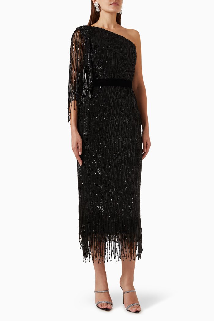 

Lara One-shoulder Embellished Dress, Black
