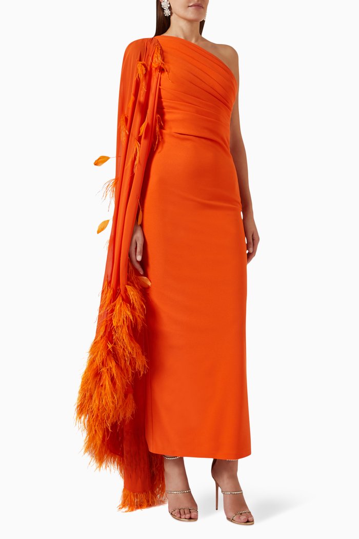 

Lilly One-shoulder Gathered Dress in Scuba, Orange