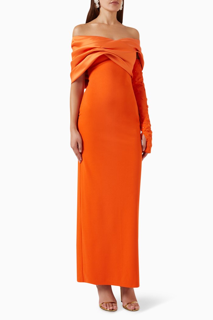 

Maya Embellished Off-shoulder Pencil Dress in Scuba, Orange