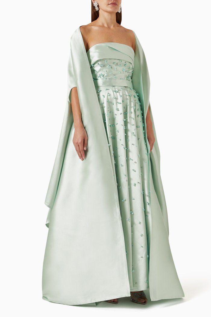 

Rita Pearl-embellished Dress & Shawl Set in Taffeta, Green