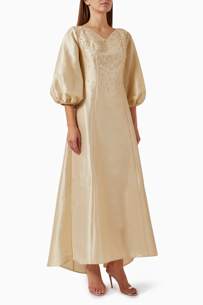 

Bead-embellished Maxi Dress in Raw Silk, Neutral