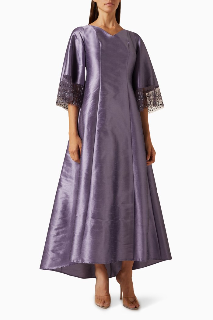 

Bead-embellished Maxi Dress in Raw Silk, Purple