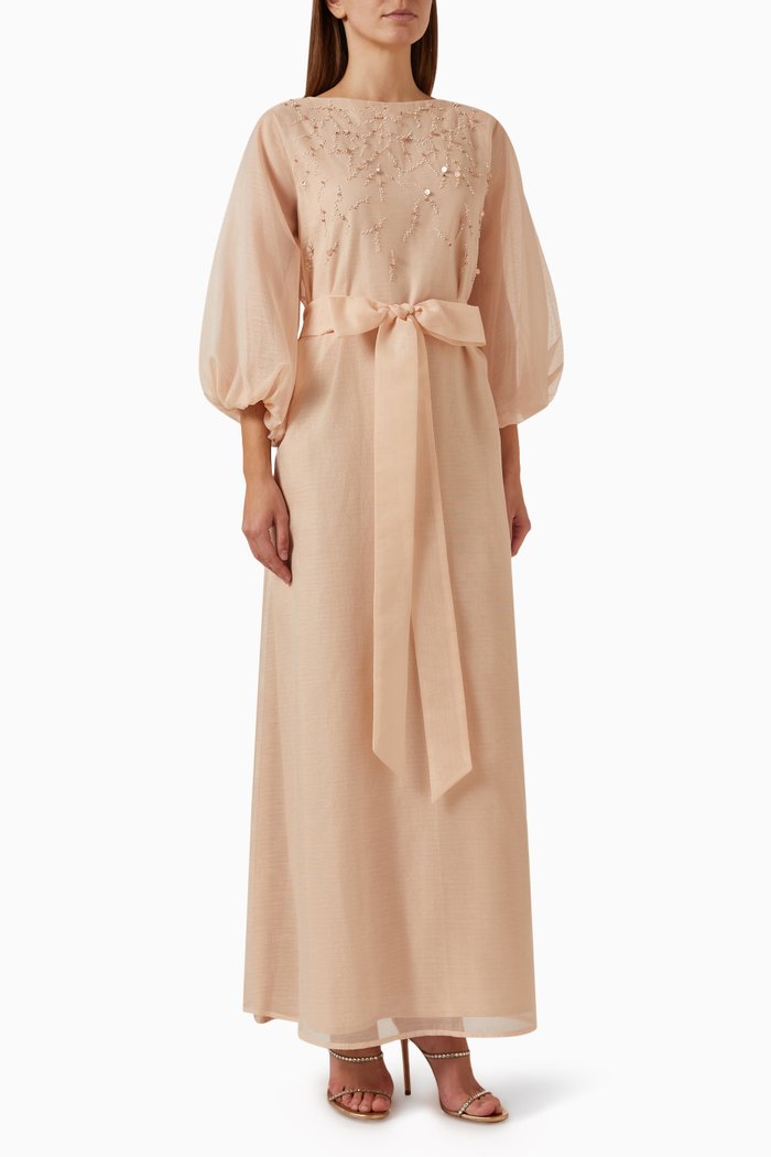 Bead-embellished Maxi Dress in Raw Silk, Pink