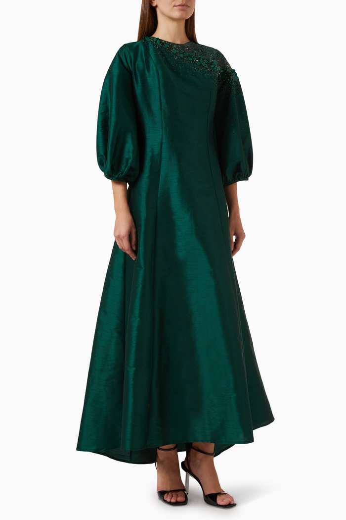 Bead-embellished Maxi Dress in Raw Silk, Green