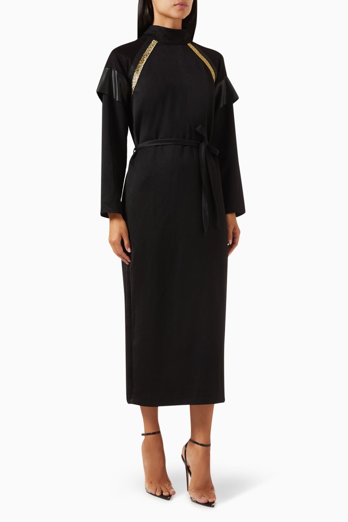 

High-neck Belted Midi Dress, Black