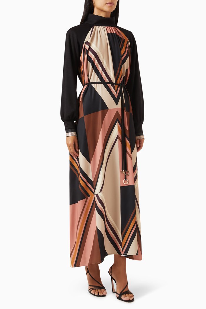 

Geometric-print Belted Maxi Dress in Satin, Multicolour