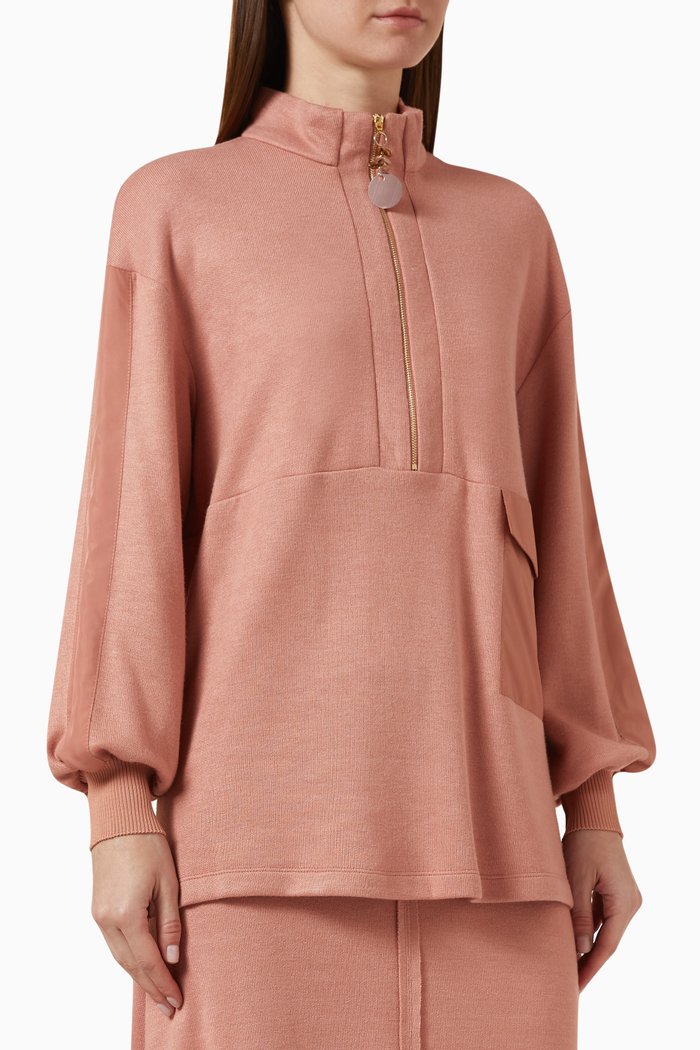 

High-neck Zip Top in Viscose-blend Knit, Pink
