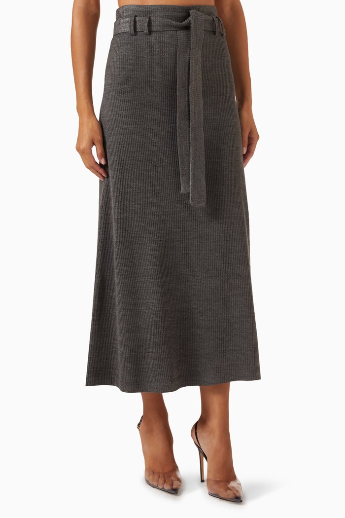 Belted Midi Skirt in Rib-knit, Grey