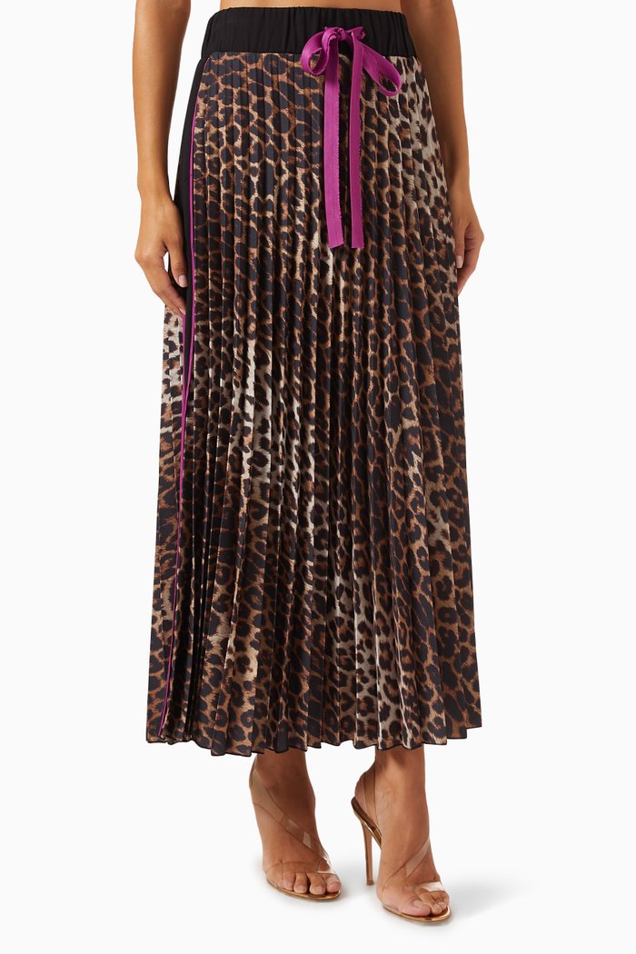 

Leopard-print Pleated Maxi Skirt, Brown