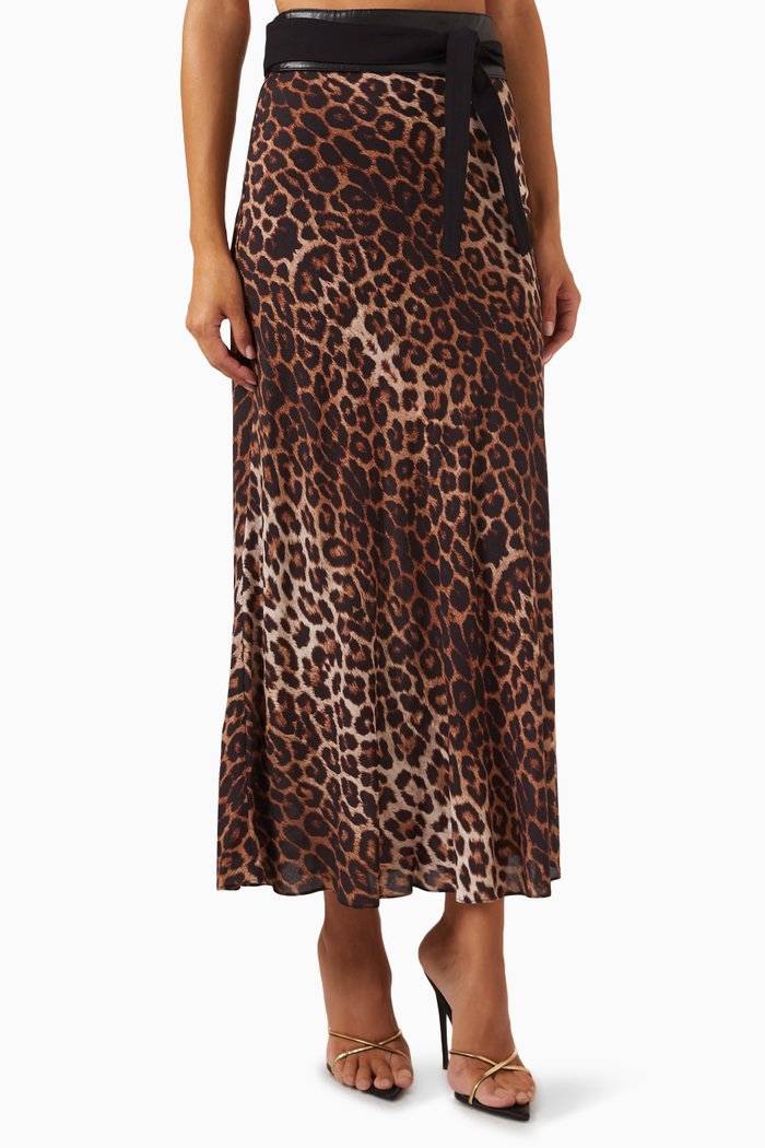 

Leopard-print Belted Midi Skirt in Viscose, Brown