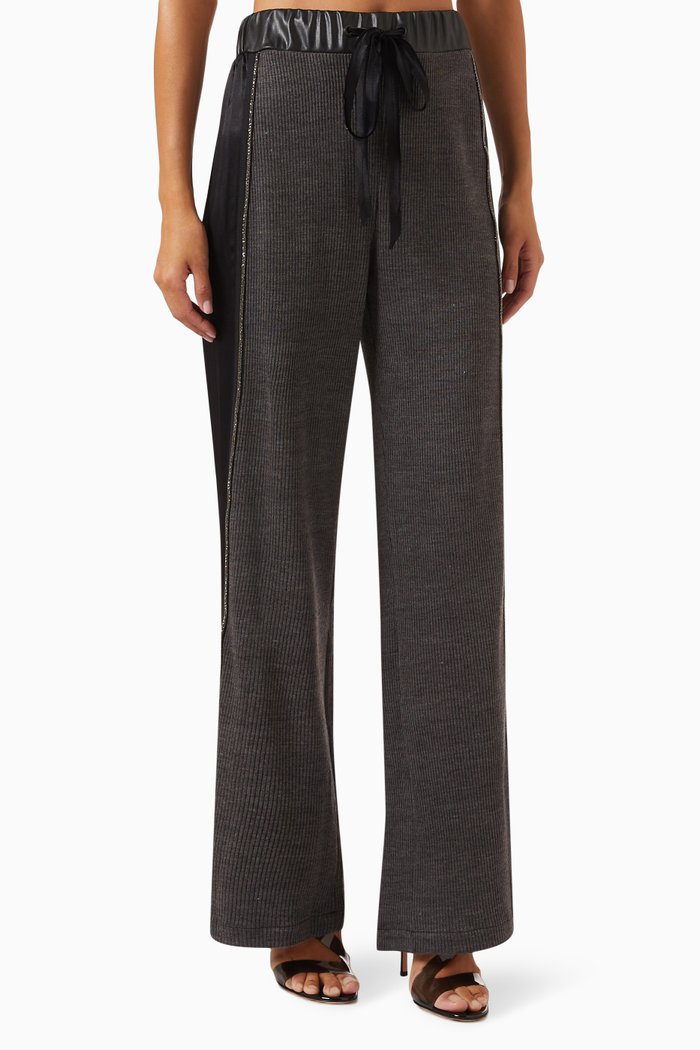 

Embellished Wide-leg Pants in Rib-knit, Grey