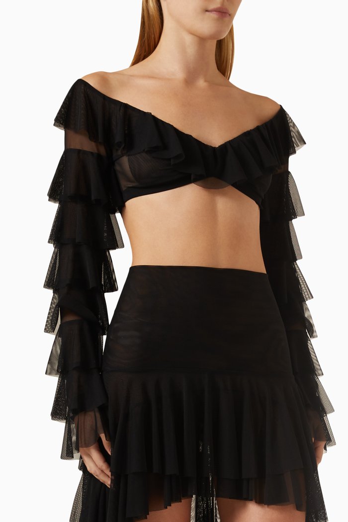 

Ruffled Off-shoulder Top in Mesh, Black