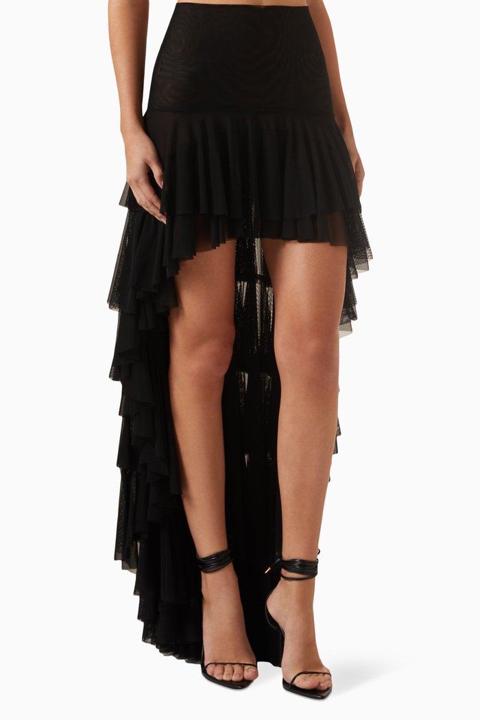 

Ruffled Asymmetric Skirt in Mesh, Black