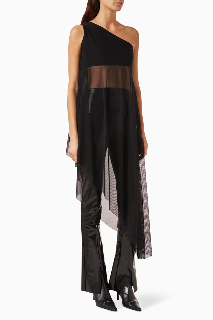 

One-shoulder Tunic in Mesh, Black